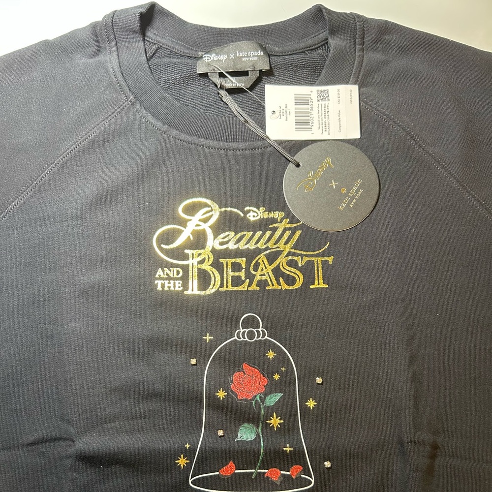 kate spade Black Tee with Gold Beauty and the Beast Logo and Red Rose